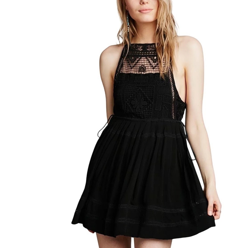 Free People Emily Crocheted Illusion Fit & Flare Mini Dress Black Boho sz Medium